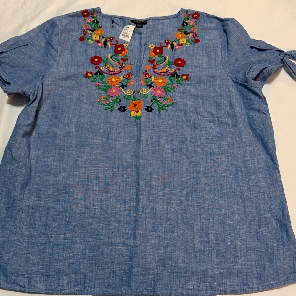 Talbots Chambray Blue Embroidered Tunic Top PM Linen/Cotton NWT